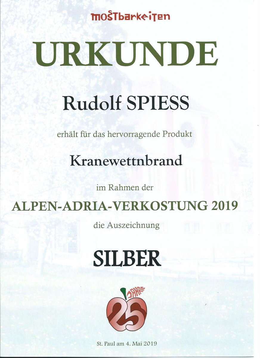 Silber Auszeichnung für Kranewettnbrand vom Kölblhof Rudolf jun. Spiess