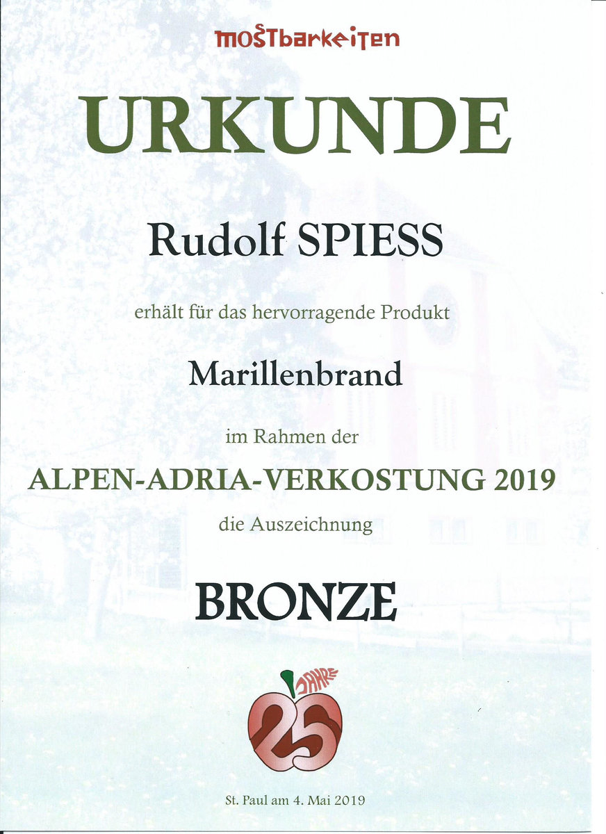 Bronze Auszeichnung für Marillenbrand vom Kölblhof Rudolf jun. Spiess