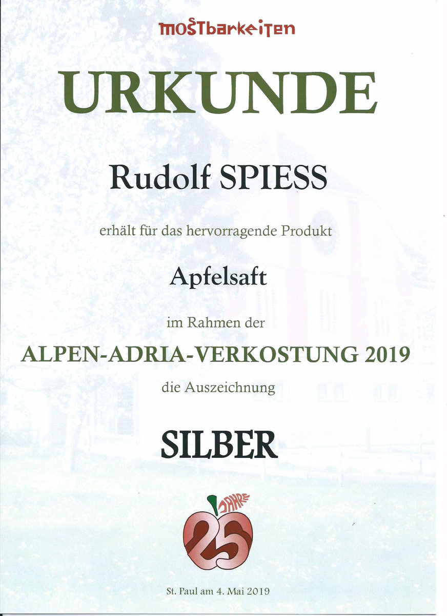 Silber Auszeichnung für Apfelsaft vom Kölblhof Rudolf jun. Spiess